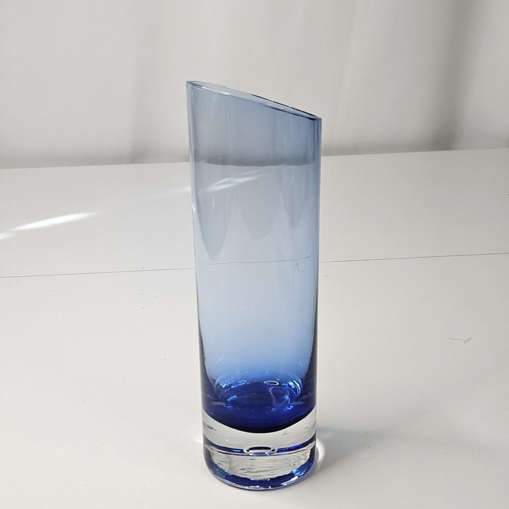 Vintage Krosno Holmegaard Art Glass Vase Smokey Blue Asymmetrical Hand Blown